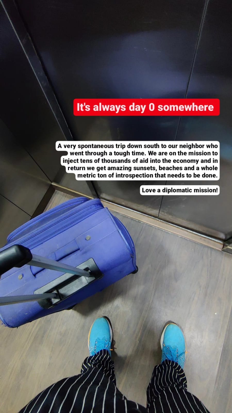 Story frame of a blue suitcase in a lift on day zero of the Sri Lanka trip