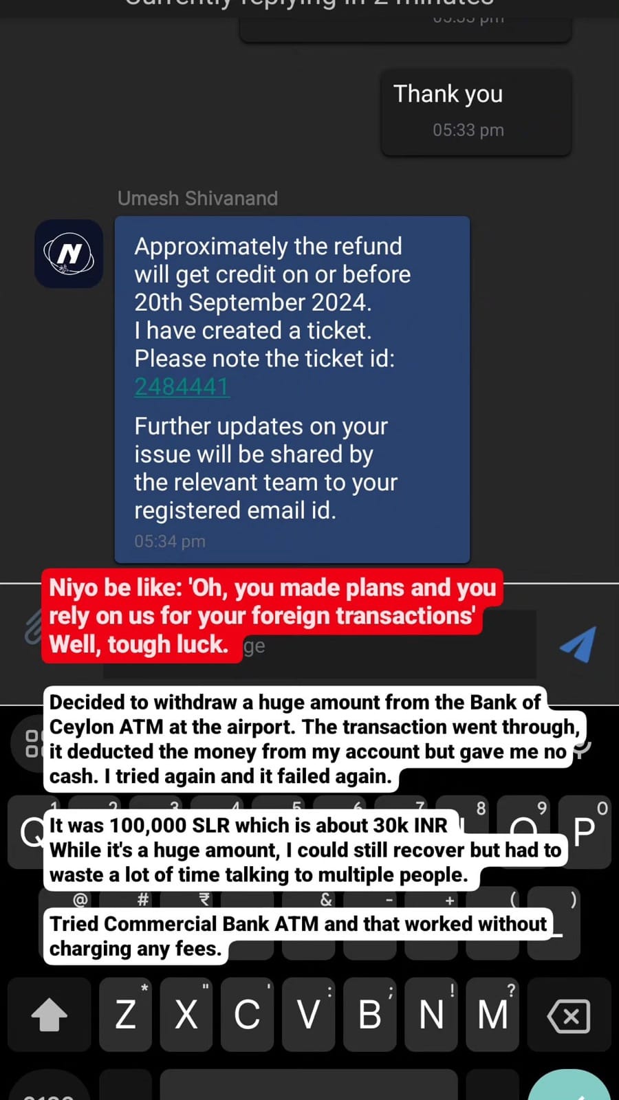 Story screenshot of a Niyo support chat about a failed Bank of Ceylon ATM withdrawal of 100,000 LKR at Colombo airport
