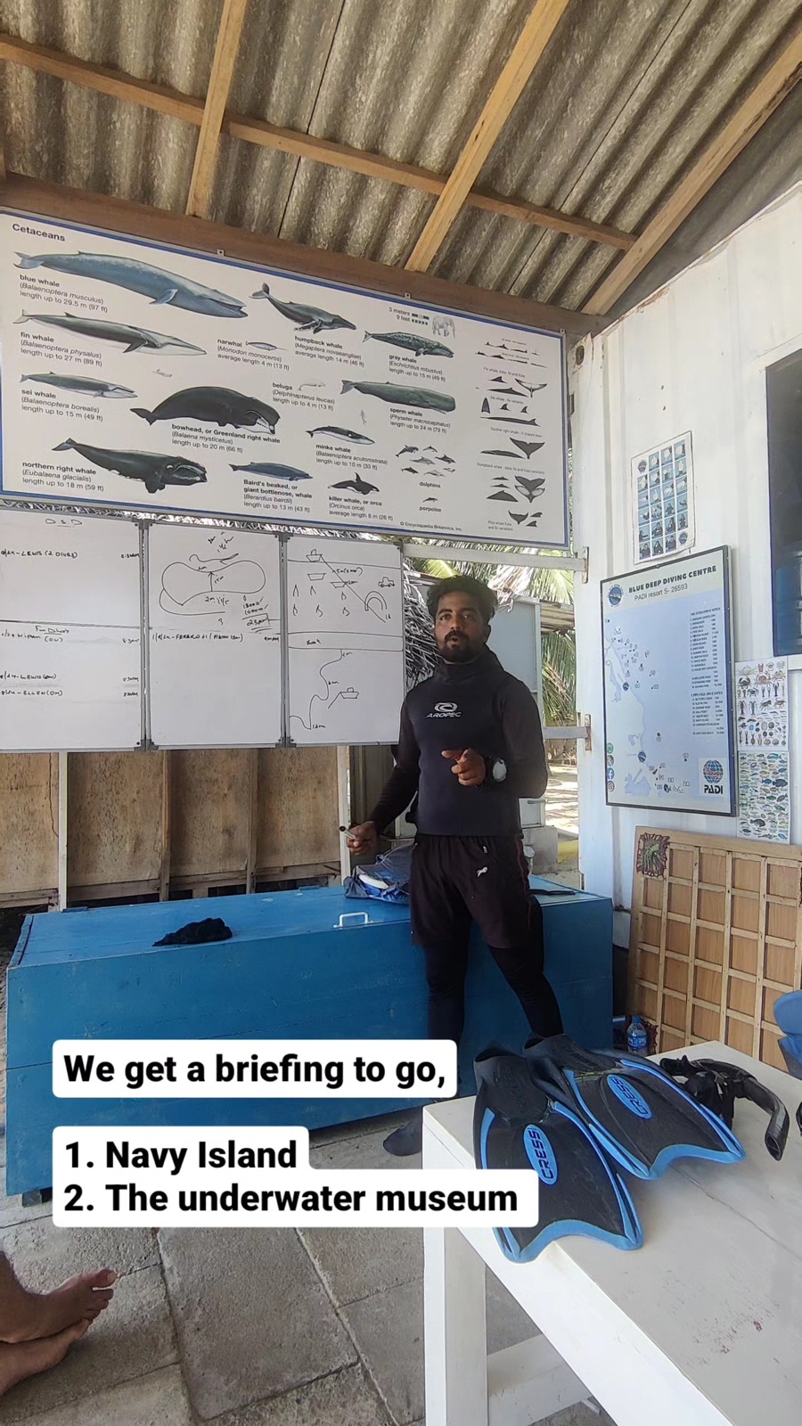 Dive briefing under a tin roof in Trincomalee, Navy Island first, then the underwater museum