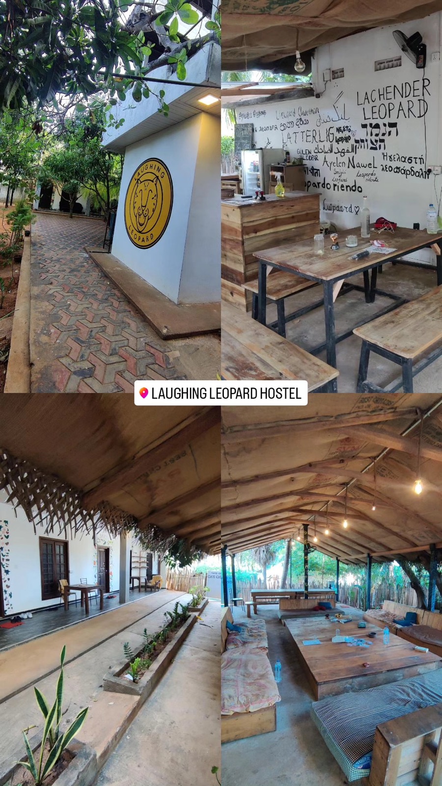 Wooden benches and goodbye-note walls at the Laughing Leopard hostel in Trincomalee