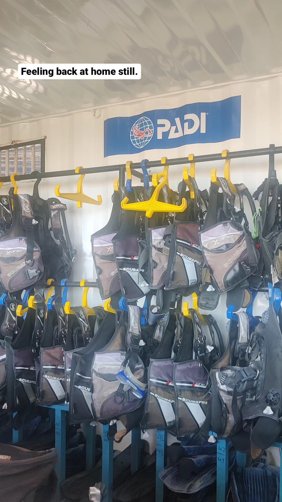 Racks of BCDs under a PADI banner at a dive shop in Trincomalee